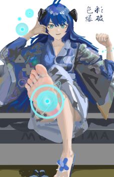 1girl arknights barefoot blue_eyes blue_hair feet highres horns japanese_clothes kimono long_hair looking_at_viewer mostima_(arknights) secaibaopo smile soles toes