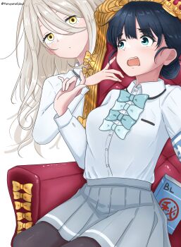 Rule 34 | 2girls, :o, absurdres, artist name, basori tiara, black hair, black pantyhose, blue eyes, bow, bowtie, fujoshi, grey skirt, highres, long hair, make heroine ga oo sugiru!, mole, mole on neck, multiple girls, pantyhose, school uniform, shikiya yumeko, shirt, short hair, sitting, skirt, throne, tilted headwear, tsuwabuki high school uniform, white shirt, yellow eyes, yuruku ikiru ojisan