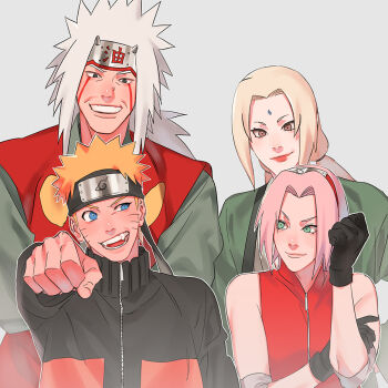 2boys 2girls bare_shoulders black_gloves black_headband blonde_hair blue_eyes brown_eyes clenched_hand closed_mouth elbow_sleeve facial_mark forehead_mark forehead_protector geonseung gloves green_eyes green_robe grey_background grey_hair grin hairband haruno_sakura headband jacket jiraiya_(naruto) long_hair looking_at_another low_ponytail low_twintails multiple_boys multiple_girls naruto_(series) orange_jacket parted_bangs pink_hair ponytail punching red_hairband red_shirt robe sharp_teeth shirt short_hair smile spiked_hair teeth tsunade_(naruto) twintails upper_body uzumaki_naruto whisker_markings