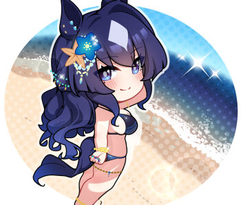 Rule 34 | 1girl, animal ears, barefoot, beach, bikini, black bikini, blue eyes, blue hair, blue nails, breasts, chibi, chibi only, closed mouth, commentary request, fingerless gloves, gloves, horse ears, horse girl, horse tail, large breasts, long hair, looking at viewer, mole, mole under eye, multicolored nails, nail polish, ocean, sand, smile, solo, standing, swimsuit, tail, umamusume, verxina (umamusume), warashi, wrist cuffs