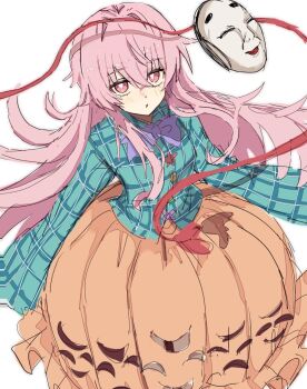 Rule 34 | 1girl, :o, aqua shirt, blush, bow, bowtie, commentary, ebuna, expressionless, hair between eyes, hata no kokoro, highres, long hair, long sleeves, looking at viewer, mask, orange skirt, parted lips, pink eyes, pink hair, plaid clothes, plaid shirt, purple bow, purple bowtie, shirt, skirt, solo, touhou, white background