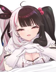 Rule 34 | 1girl, black hair, black ribbon, blush, bow, breasts, cleavage, dated, dress, gloves, hair bow, hair ribbon, half-closed eyes, large breasts, long hair, looking at viewer, multicolored hair, nijisanji, own hands together, parted lips, pink hair, red eyes, ribbon, short sleeves, signature, simple background, solo, split-color hair, streaked hair, tomamatto, upper body, very long hair, virtual youtuber, white background, white dress, white gloves, white hair, yorumi rena