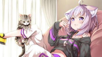 Rule 34 | 1girl, :3, ahoge, animal collar, animal ear fluff, animal ears, belt collar, black collar, black hoodie, blush, braid, cat, cat ears, collar, commentary, cropped hoodie, crossed bangs, curtains, double-parted bangs, drawstring, food print, foot out of frame, hair between eyes, half up braid, highres, hololive, hood, hood down, hoodie, indoors, leg up, long sleeves, looking at viewer, medium hair, messy hair, midriff peek, navel, nekomata okayu, nekomata okayu (1st costume), onigiri print, overexposure, pants, pants rolled up, pegashi, purple eyes, purple hair, reclining, shoes, sidelighting, single bare shoulder, single off shoulder, sneakers, solo, sparkling eyes, sweatpants, temari (nekomata okayu), virtual youtuber, white pants, window, yellow shoes