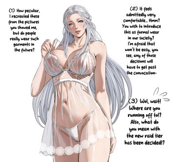 1girl ai-assisted blush breasts cameltoe commentary covered_erect_nipples english_text final_fantasy final_fantasy_xiv grey_hair jamjamstyle large_breasts lingerie long_hair looking_at_viewer navel nightgown panties revision see-through_clothes smile solo stomach strap_pull thighs thong underwear venat_(ff14) white_panties
