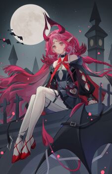 1girl absurdres anklet arknights arm_cutout bare_shoulders bat_(animal) black_cape black_choker black_jacket black_skirt braid cape choker closed_mouth clothing_cutout commentary_request cross demon_girl demon_horns demon_tail diamond-shaped_pupils diamond_(shape) full_body full_moon high-waist_skirt highres horns huge_moon infection_monitor_(arknights) jacket jewelry lock long_hair long_sleeves looking_at_viewer moon night nymph_(arknights) open_clothes open_jacket outdoors pantyhose pantyhose_cutout pink_eyes pink_hair pointy_ears red_shoes shirt shoes sitting skirt sleeveless sleeveless_shirt solo symbol-shaped_pupils tail utaki_(z711425986) very_long_hair white_pantyhose white_shirt