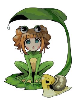 Rule 34 | animalization, blue eyes, frog, full body, highres, idolmaster, idolmaster (classic), leaf, looking at viewer, object head, orange hair, p-head producer, producer (idolmaster), simple background, snail, takatsuki yayoi, tsurui, twintails, water drop, white background