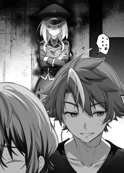 ... 1girl 2boys character_request collarbone collared_shirt crossed_arms greyscale hair_between_eyes hat jacket lilithea long_hair mata_korosarete_shimatta_nodesune_tantei-sama monochrome multicolored_hair multiple_boys necktie novel_illustration official_art outsuki_sakuya parted_lips peaked_cap riichu shirt short_hair skirt spoken_ellipsis streaked_hair sweatdrop