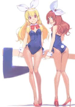 2girls aikatsu! aikatsu!_(series) akinbo_(hyouka_fuyou) axe black_leotard blonde_hair bow breasts brown_hair choker fishnet_pantyhose fishnets full_body hair_bow high_heels highres holding holding_axe hoshimiya_ichigo leotard long_hair looking_at_viewer multiple_girls ozora_akari pantyhose pink_eyes playboy_bunny pump pumps rabbit_tail red_eyes red_footwear red_neckwear simple_background small_breasts standing strapless strapless_leotard tail very_long_hair white_background white_bow