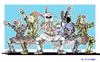 5boys armor armored_boots artorias_the_abysswalker blue_cape boots breastplate cape commentary_request dark_souls_(series) dark_souls_i dragon_slayer_ornstein full_body gauntlets gold_armor helm helmet holding holding_microphone knight knight_lautrec_of_carim knight_of_thorns_kirk male_focus microphone multiple_boys pants pauldrons plume pointing pointing_up shoulder_armor solaire_of_astora standing sun_print translation_request uriko_(ac_takatika) white_pants