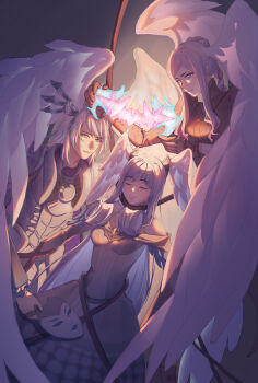 1boy 2girls blue_eyes grey_hair head_wings highres kallian_antiqua mask melia_antiqua multiple_girls tangmen_igo tyrea_(xenoblade) wings xenoblade_chronicles_(series) xenoblade_chronicles_1 xenoblade_chronicles_3