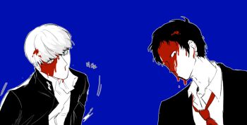 Rule 34 | 2boys, adachi tooru, beliadada, blood, blood on face, blue background, collared shirt, formal clothes, highres, jacket, looking at viewer, male focus, monochrome, multiple boys, narukami yu, necktie, no mouth, open clothes, open jacket, persona, persona 4, red necktie, school uniform, shirt, short hair, suit, upper body, yasogami school uniform