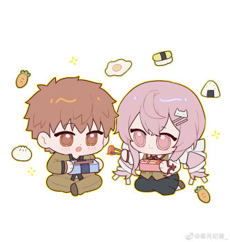 1girl :3 artist_self-insert black_skirt blush bow breasts brown_vest chibi chibi_only couple emiya_shirou fate/stay_night fate_(series) full_body gaoyue_jixiang hair_ornament hair_ribbon highres homurabara_academy_school_uniform long_hair long_sleeves momomiya_shizuku_(gaoyue_jixiang) neck_ribbon non-web_source oc_x_canon open_mouth orange_hair original red_hair red_ribbon ribbon school_uniform simple_background skirt smile vest white_background