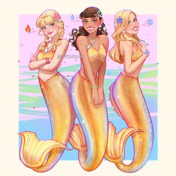 3girls bikini blonde_hair blue_eyes bracelet braid brown_eyes brown_hair cleo_sertori commentary crossed_arms emma_gilbert full_body gold_bikini grin h2o_just_add_water hair_ornament highres jewelry long_hair looking_at_viewer low_twin_braids luztapiaart mermaid monster_girl multiple_girls navel necklace rikki_chadwick sequins smile starfish_hair_ornament swimsuit tan twin_braids wavy_hair