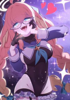 1girl :d absurdres ahoge aqua_bow aqua_neckerchief black_gloves black_leotard blue_archive blue_eyes blue_sleeves blunt_bangs blush bow braid breasts commentary covered_collarbone covered_navel cowboy_shot feather_hair frilled_thigh_strap fuhao10708 glasses gloves groin hair_bow hair_intakes half_gloves halo hand_on_own_cheek hand_on_own_face hands_up heart highres large_breasts leotard long_hair long_sleeves looking_at_viewer naughty_face neckerchief official_alternate_costume official_alternate_hairstyle open_mouth orange_hair purple-framed_eyewear purple_background saliva semi-rimless_eyewear shimiko_(blue_archive) shimiko_(magical)_(blue_archive) shrug_(clothing) sidelighting sidelocks simple_background smile solo sparkle symbol-only_commentary teeth thigh_strap tongue twin_braids twintails upper_teeth_only very_long_hair yellow_halo