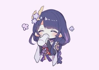 1girl artist_request bad_id bad_twitter_id blunt_bangs bottle braid bridal_gauntlets chibi chibi_only closed_eyes drinking flower flower_ornament genshin_impact hair_ornament happy holding holding_bottle japanese_clothes kimono light_blush long_braid long_sleeves multicolored_hair no_mole off_shoulder pink_background purple_flower purple_kimono raiden_shogun red_sash sash simple_background single_braid solo streaked_hair upper_body wide_sleeves