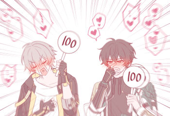 Rule 34 | 2boys, black jacket, black shirt, blush, caelus (honkai: star rail), closed eyes, dan heng (honkai: star rail), dan heng (hunt) (honkai: star rail), facial hair, hand on own chest, hand on own face, hand up, hashtag-only commentary, heart, highres, holding, holding sign, honkai: star rail, honkai (series), jacket, looking at viewer, male focus, milnongsa, multiple boys, open mouth, shirt, sign, simple background, speech bubble, spoken heart, trailblazer (honkai: star rail), upper body, white background, white shirt