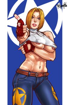 Rule 34 | 1girl, artist name, blonde hair, blue eyes, blue mary, breasts, curvy, denim, fatal fury, fingerless gloves, from above, gloves, highres, index finger raised, jeans, large breasts, legs, looking at viewer, midriff, navel, nipple slip, nipples, open mouth, pants, pointing, pointing at viewer, red lips, short hair, sideboob, smile, snk, solo, teeth, the king of fighters, thighs, toned, tongue, underboob