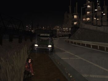 Rule 34 | 1girl, absurdres, black hair, bridge, building, car, city, city lights, expressionless, factory, grass, highres, jacket, kneeling, lamppost, motor vehicle, night, notfuji, original, outdoors, red jacket, road, scenery, sky, tall grass