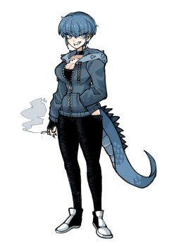 1girl black_choker black_pants blue_eyes blue_hair blue_hoodie breasts choker cigarette earrings highres hood hoodie jewelry kame-chan_(oligogi_meoggosipda) lizard_tail monster_girl oligogi_meoggosipda pants short_hair smoke solo tail white_background