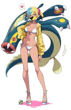 1girl absurdres aqua_hair bikini black_mask blonde_hair blue_eyes breasts canari_(pokemon) colored_sclera dark-skinned_female dark_skin eel eelektross eggman_(ni_tamagoex) fangs fish gen_5_pokemon heart highres jacket lamprey long_sleeves looking_at_viewer mask medium_breasts mouth_mask multicolored_hair navel nintendo open_mouth platform_sandals poke_ball pokemon pokemon_(creature) pokemon_legends:_z-a quick_ball red_sclera sandals short_twintails speech_bubble split-color_hair spoken_heart stomach swimsuit twintails two-tone_mask white_bikini yellow_jacket yellow_mask