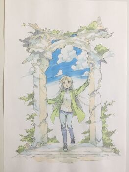 Rule 34 | 1girl, arm up, black eyes, black shoes, blonde hair, blue pants, blue sky, cloud, coat, commentary request, gate, green coat, highres, long hair, moss, open clothes, open coat, open mouth, original, pants, peter salt, ruins, shirt, shoes, sky, smile, sneakers, solo, standing, traditional media, very long hair, white shirt