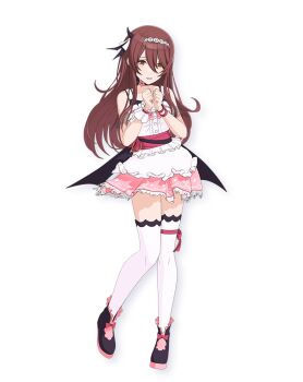 1girl anime_coloring arm_scrunchie armlet blush boots bow breasts brown_hair clenched_hands collarbone dress flipped_hair fukushi_ryouhei full_body hair_between_eyes hair_ornament hairband hands_up idolmaster idolmaster_shiny_colors jewelry long_hair long_sidelocks looking_at_viewer medium_breasts official_art open_mouth osaki_tenka pink_bow pink_ribbon pink_sash purple_shoes ribbon sash scrunchie shoes sidelocks simple_background smile solo standing thigh_strap thighhighs transparent_background white_dress white_hairband white_scrunchie white_thighhighs yellow_eyes