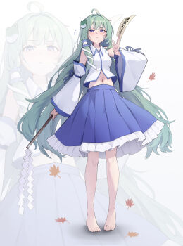 1girl :t absurdres ahoge autumn_leaves bare_shoulders barefoot blue_eyes blue_skirt blush breasts closed_mouth collared_shirt commentary_request detached_sleeves flying_sweatdrops frilled_hair_tubes frilled_skirt frills frog_hair_ornament full_body gohei green_hair hair_ornament hair_tubes highres holding holding_gohei holding_ofuda irain kochiya_sanae leaf long_hair long_sleeves looking_at_viewer medium_breasts midriff navel ofuda pleated_skirt pout ribbon shirt single_hair_tube single_sidelock skirt snake_hair_ornament solo standing stomach toes touhou very_long_hair white_background wide_sleeves zoom_layer
