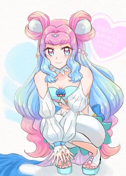 1girl absurdres aqua_eyes aqua_hair aqua_nails aracari breasts closed_mouth cure_la_mer gradient_hair happy_birthday highres jewelry laura_la_mer long_hair medium_breasts midriff multicolored_hair nail_polish navel pantyhose pearl_hair_ornament pink_eyes pink_hair precure skirt smile solo squatting toenail_polish toenails tropical-rouge!_precure very_long_hair white_pantyhose
