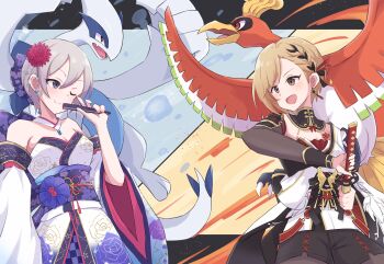2girls :d absurdres aiba_yumi bare_shoulders braid breasts brown_hair cleavage detached_sleeves floral_print floral_print_kimono flower folding_fan gen_2_pokemon grey_eyes grey_hair hair_flower hair_ornament hand_fan highres ho-oh holding holding_fan idolmaster idolmaster_cinderella_girls japanese_clothes katana kimono legendary_pokemon lugia multiple_girls nintendo obi one_eye_closed open_mouth piyo_to_game pokemon pokemon_(creature) print_kimono red_eyes sash sheath shiomi_syuko short_hair small_breasts smile standing sword unsheathing weapon