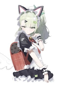 1girl animal_ears apron backpack bag bell blush commentary dress fake_animal_ears frills green_hair hair_ornament hairclip highres maid maid_headdress medium_hair neck_bell red_bag short_sleeves simple_background solo sunna_(afternoon_tea_break)_(zenless_zone_zero) sunna_(zenless_zone_zero) symbol-only_commentary white_background wrist_cuffs yu_(ba9ama) zenless_zone_zero