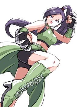1girl bare_shoulders black_bra black_gloves black_shorts boots bra breasts claw_(weapon) clenched_hands commentary crop_top dragon_quest dragon_quest_xi female_focus fighting_stance fingerless_gloves foot_out_of_frame furrowed_brow gloves green_boots green_shirt green_skirt hair_tie high_heel_boots high_heels highres ikaringo_(ikaringo4444) large_breasts long_hair martina_(dq11) midriff open_mouth ponytail purple_eyes purple_hair shirt short_shorts shorts showgirl_skirt sidelocks skirt solo sports_bra square_enix swept_bangs underwear weapon white_background