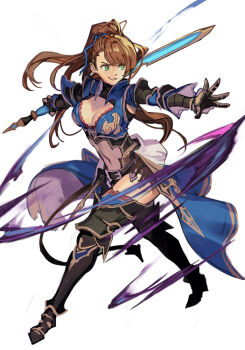 1girl armor asymmetrical_bangs beatrix_(granblue_fantasy) blue_armor breasts brown_hair cleavage cleavage_cutout clothing_cutout full_body gauntlets granblue_fantasy granblue_fantasy_versus:_rising green_eyes grin holding holding_sword holding_weapon hungry_clicker large_breasts leg_armor long_hair looking_to_the_side navel outstretched_arms ponytail showgirl_skirt simple_background smile solo spread_arms standing stomach_cutout sword walking weapon white_background