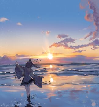 1girl cloud cloudy_sky commentary facing_away from_behind full_body hat highres itsumizu japanese_clothes long_hair mononobe_no_futo ocean outdoors ponytail skirt sky solo sun sunlight sunrise tate_eboshi touhou waves wide_sleeves