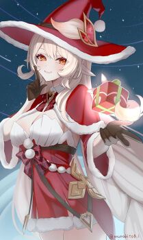 1girl absurdres alice_(genshin_impact) blonde_hair box breasts capelet christmas cleavage commentary_request dress floating floating_object fur-trimmed_capelet fur-trimmed_dress fur-trimmed_headwear fur_trim genshin_impact gift gift_box gloves hat highres long_hair looking_at_viewer murabito_b open_mouth pointy_ears red_capelet red_dress santa_costume santa_dress santa_hat smile solo very_long_hair