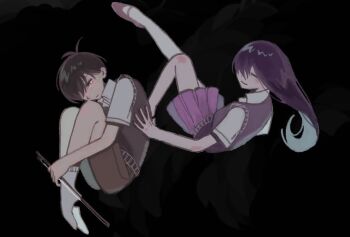 Rule 34 | 1boy, 1girl, antenna hair, black background, black eyes, black hair, black sweater vest, bow (music), brown shorts, closed eyes, closed mouth, collared shirt, commentary, crying, crying with eyes open, english commentary, hair over one eye, hand on another's back, holding, holding bow (music), knees up, long hair, mari (headspace) (omori), mari (omori), nill (nill), omori, pleated skirt, purple hair, red skirt, shirt, short hair, shorts, skirt, socks, sunny (omori), sweater vest, tears, weapon, white shirt, white socks