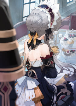 1girl ayul_(ayulneri_92) back backless_dress backless_outfit bare_back bare_shoulders black_sleeves bow braid braided_bun cake cake_slice chair detached_collar detached_sleeves dress food frills from_behind genshin_impact gloves grey_hair hair_bow hair_bun hair_ribbon hairband headdress highres long_hair long_sleeves maid_headdress ribbon sandrone_(genshin_impact) short_hair sidelocks solo table white_gloves white_headdress