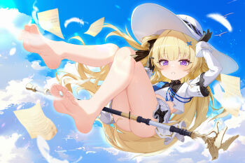 1girl absurdres bar_censor bare_legs barefoot blonde_hair censored chinese_commentary commentary_request feet gloves hand_on_headwear hat highres legs loli long_hair looking_at_viewer maozi_tutu paid_reward_available phoebe_(wuthering_waves) purple_eyes sky soles solo toes white_hat wuthering_waves
