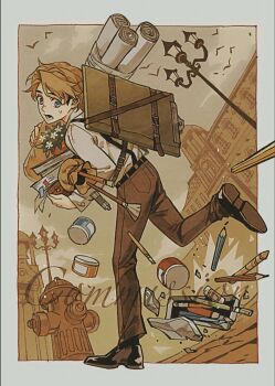 1boy belt bird black_belt black_shoes black_socks blonde_hair blue_eyes book border brown_bag brown_pants brown_sky building buttons captain_america:_the_first_avenger captain_america_(series) city cloud cloudy_sky commission day fire_hydrant from_behind hashtag-only_commentary highres holding holding_book lamppost leg_up looking_at_object looking_down male_focus marvel open_mouth outdoors outside_border paint paint_tube paintbrush pants pencil road running seagull shirt shoes short_hair sky socks solo steve_rogers suspenders sweatdrop teeth white_border white_shirt yiqianbixin