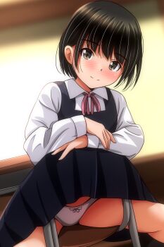 1girl absurdres black_hair blue_dress blurry blurry_background blush bow bow_panties brown_eyes chair closed_mouth clothes_lift collared_shirt commentary_request dress dress_lift highres long_sleeves looking_at_viewer matsunaga_kouyou neck_ribbon on_chair original panties pinafore_dress pink_ribbon pleated_dress ribbon school_uniform shirt short_hair sitting sitting_backwards sleeveless sleeveless_dress smile solo underwear white_panties white_shirt