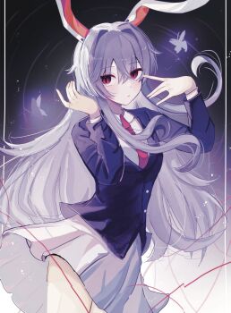 1girl :/ animal_ears blazer blue_jacket commentary dress_shirt ebuna expressionless grey_butterfly grey_skirt hair_between_eyes highres jacket long_hair long_sleeves looking_at_viewer necktie purple_hair rabbit_ears rabbit_girl red_eyes red_necktie reisen_udongein_inaba shirt skirt solo straight_hair thighs touhou very_long_hair white_shirt