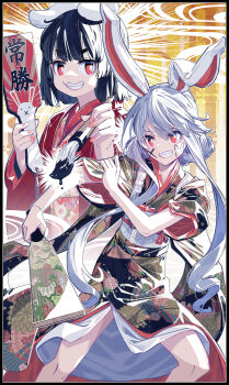 2girls :3 alternate_costume alternate_hairstyle animal_ears animal_print black_border black_hair black_kimono bob_cut border bright_pupils calligraphy_brush chinese_zodiac facepaint fingernails floppy_ears floral_print grin hagoita hanetsuki highres holding holding_paintbrush inaba_tewi japanese_clothes kikkoumon kikumon kimono long_fingernails long_hair long_sleeves looking_at_viewer multiple_girls new_year paddle paintbrush rabbit_ears rabbit_girl rabbit_print red_eyes red_kimono reisen_udongein_inaba rolling_sleeves_up short_eyebrows short_hair short_sleeves slit_pupils smile thick_eyebrows touhou very_long_hair white_hair white_pupils wide_sleeves year_of_the_rabbit zounose
