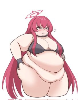 Rule 34 | 1girl, belly, big belly, bikini, black bikini, black gloves, blue archive, blush, breasts, cleavage, fat, fat rolls, fat woman, fingerless gloves, gloves, halo, hand on own hip, hand on own stomach, long hair, medium breasts, navel, rabu (blue archive), red eyes, red hair, solo, standing, sweat, swimsuit, thick thighs, thighs, wawawaltz, white background