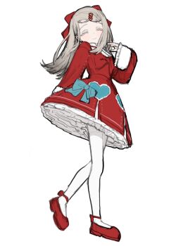 Rule 34 | 1girl, blue bow, bow, closed eyes, closed mouth, colored eyelashes, commentary request, dress, facing viewer, flipped hair, frilled dress, frills, from side, full body, fur-trimmed sleeves, fur trim, gakuen idolmaster, gradient hair, grey hair, hair bow, hair ornament, hairclip, hand up, heart, highres, idolmaster, kakuzatou (sugar xouox), long hair, multicolored hair, pantyhose, parallel hairclips, petticoat, red bow, red dress, red shoes, shinosawa hiro, shoes, short dress, simple background, smile, solo, standing, swept bangs, white background, white pantyhose
