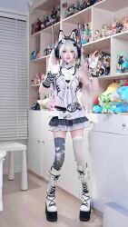 Rule 34 | 1girl, animal ears, animated, arm strap, audible music, audible speech, bad id, bad youtube id, belt, boots, bow, bracelet, clenched hands, cosplay, cosplay photo, covering own mouth, dancing, facial mark, fake animal ears, female focus, figure, fingerless gloves, full body, giggling, gloves, goggles, grey hair, hair ornament, headset, high heel boots, high heels, highres, ijiranaide nagatoro-san, indoors, jewelry, knee boots, leotard, looking at viewer, m/, mechanical ears, nagatoro hayase, original, panda hair ornament, photo (medium), platform boots, platform heels, skirt, solo, sound, thighhighs, twintails, video, w arms, white boots, white bow, white gloves, white leotard, x hair ornament, xiaorouseeu