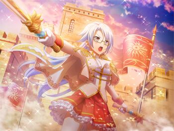 Rule 34 | 1girl, ascot, baton (weapon), brown eyes, castle, dual wielding, flag, floating hair, frilled skirt, frills, game cg, glasses, gloves, holding, holding baton (weapon), jacket, long hair, long sleeves, official art, oogami shiro, open mouth, red skirt, semi-rimless eyewear, shoujo kageki revue starlight, shoujo kageki revue starlight -re live-, sidelocks, skirt, solo, standing, upper body, v-shaped eyebrows, weapon, white ascot, white gloves, white hair, white jacket