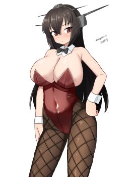 1girl absurdres alternate_costume animal_ear_hairband animal_ears black_bow black_bowtie black_hair bow bowtie breasts brown_pantyhose covered_navel dated detached_collar fake_animal_ears feet_out_of_frame fishnet_pantyhose fishnets hairband hand_on_own_hip headgear highres kantai_collection large_breasts leotard long_hair maru_(marg0613) nagato_(kancolle) one-hour_drawing_challenge pantyhose red_eyes red_leotard simple_background solo strapless strapless_leotard twitter_username white_background wrist_cuffs