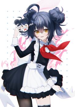 1girl absurdres ahoge apron asymmetrical_legwear azur_lane black_hair black_nails bow character_doll doll double_bun dress frilled_dress frills gu2_9e gun hair_between_eyes hair_bun hand_up handgun highres holding holding_doll long_sleeves looking_at_viewer md5_mismatch multicolored_hair open_mouth red_bow resolution_mismatch revolver school_uniform solo source_smaller soviet_school_uniform streaked_hair svirepy_(azur_lane) toy_gun waist_apron weapon white_apron white_hair yellow_eyes