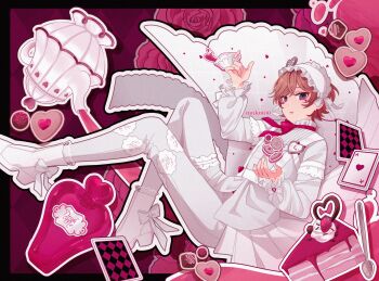 Rule 34 | 1boy, ace (playing card), ace of hearts, artist name, boots, bow, bowtie, brooch, brown hair, card, colored eyelashes, commentary, cookie, crossdressing, crossdressing (mtf), cup, dress, expressionless, facial tattoo, floating card, floating clothes, food, footwear bow, frilled hairband, frilled sleeves, frills, full body, girly boy, grey eyes, hairband, heart, heart brooch, heart tattoo, high heel boots, high heels, highres, holding, holding cup, jewelry, lace thigh strap, long sleeves, looking at viewer, loose hair strand, male focus, object floating above hand, original, outline, pantyhose, parted lips, pink background, pink bow, pink bowtie, playing card, pleated dress, puffy long sleeves, puffy sleeves, reean, short dress, short hair, sleeve bow, sleeves past wrists, solo, spilling, symbol-only commentary, tattoo, tea, teacup, teapot, train (clothing), turtleneck, turtleneck dress, white boots, white bow, white dress, white hairband, white outline, white pantyhose