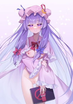 1girl absurdres blush book bow bowtie breasts bun_cover cleavage collared_dress commentary_request cowboy_shot crescent crescent_hat_ornament dress frilled_dress frilled_sleeves frills hair_bow hand_on_own_arm hat hat_ornament heart heart_in_eye highres holding holding_book large_breasts long_hair long_sleeves mob_cap nipples parted_lips patchouli_knowledge pink_dress pink_hat poppy_(poppykakaka) purple_eyes purple_hair pussy red_bow red_bowtie smile solo standing symbol_in_eye touhou very_long_hair