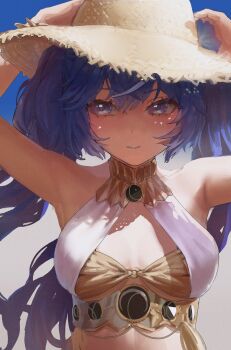 1girl absurdres armpits bare_arms bare_shoulders blue_eyes blue_hair breasts cleavage closed_mouth gubong highres iuno_(wuthering_waves) long_hair simple_background smile solo wuthering_waves